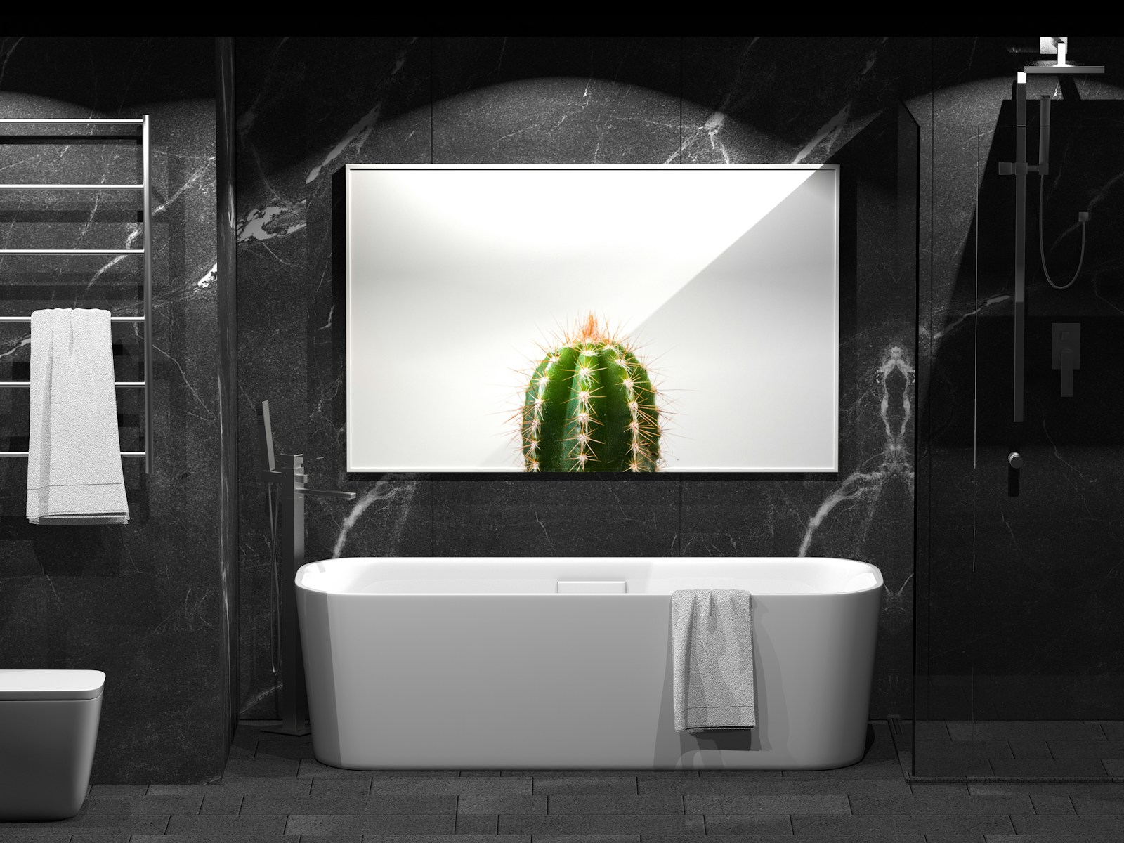 a bathroom with a cactus in the mirror
